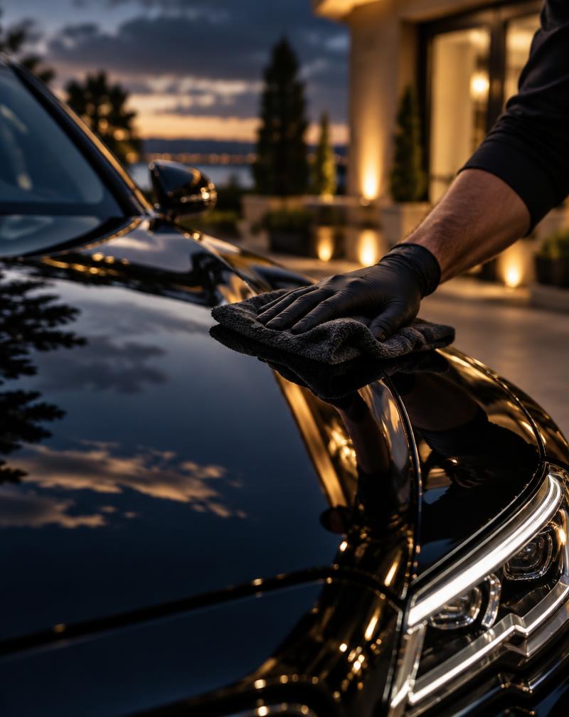 Detailer's gloved hand polishing a mirror-gloss black hood at dusk