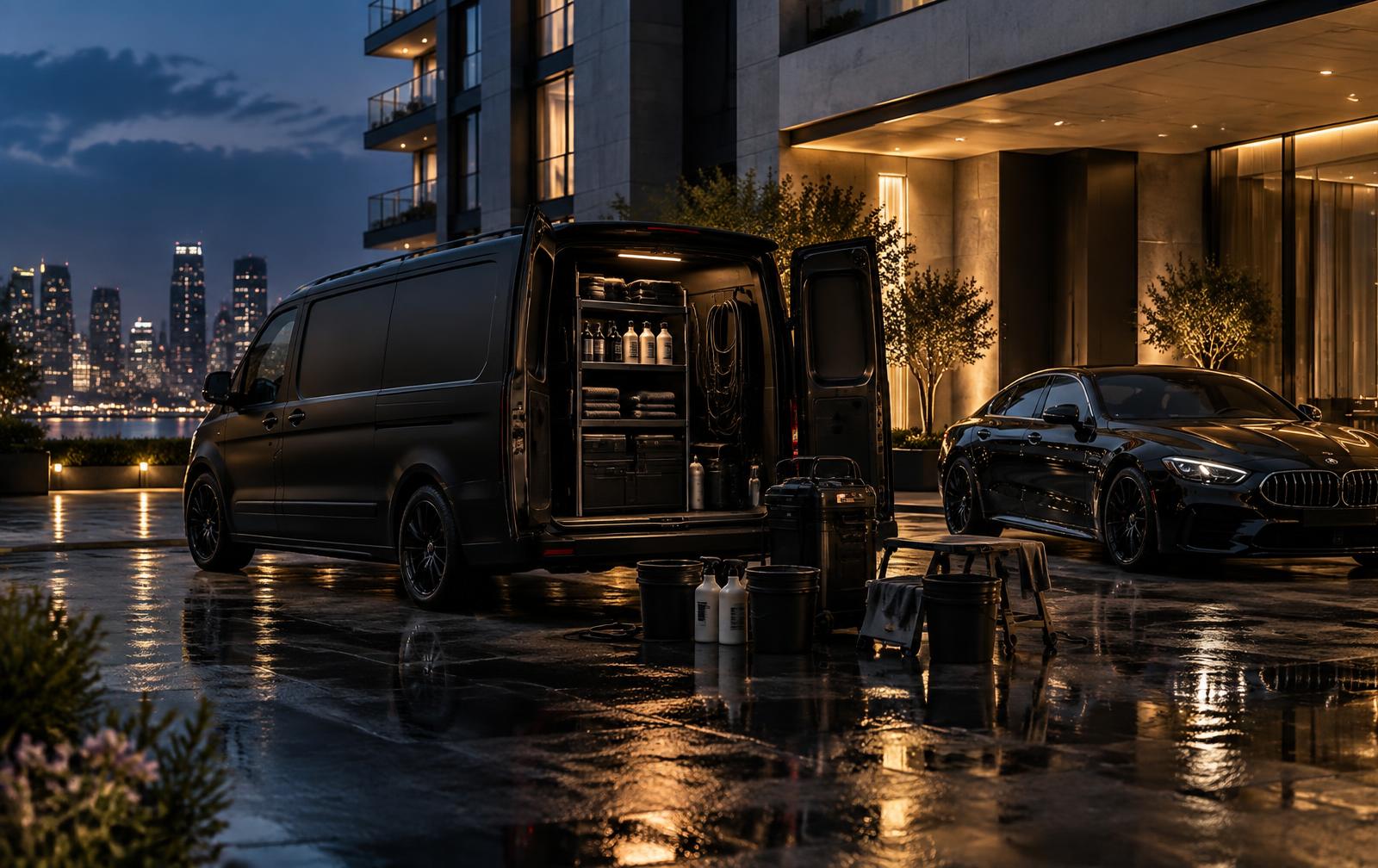 Black mobile detailing van set up with professional equipment outside a luxury apartment complex at dusk